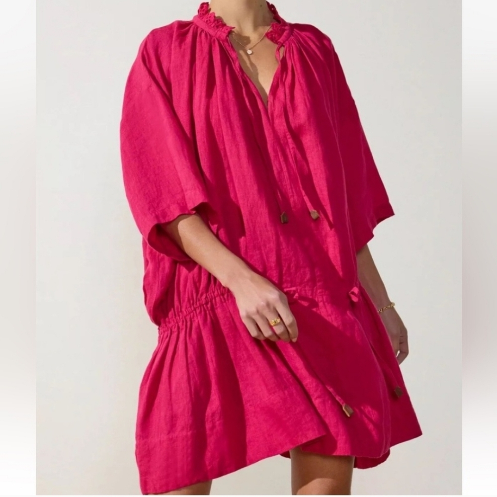 New Brochu Walker St Tropez Linen V Neck Popover A Line Tunic Mini Shift Dress